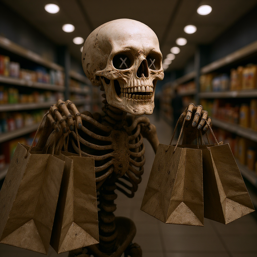 Skeleton enthusiastically shopping in a store aisle